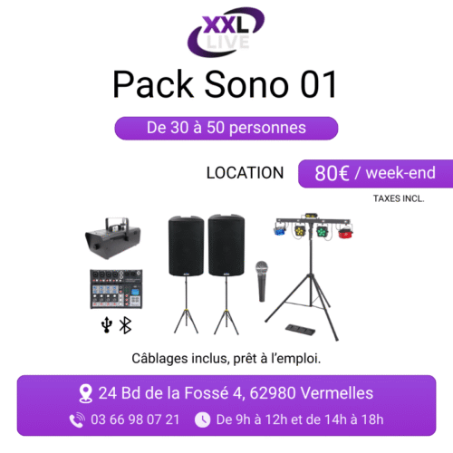 Pack sono à louer pour 30 à 50 personnes - 2 enceintes Alto TX410, table de mixage, micro, jeux de lumière et machine à fumée - XXL Live