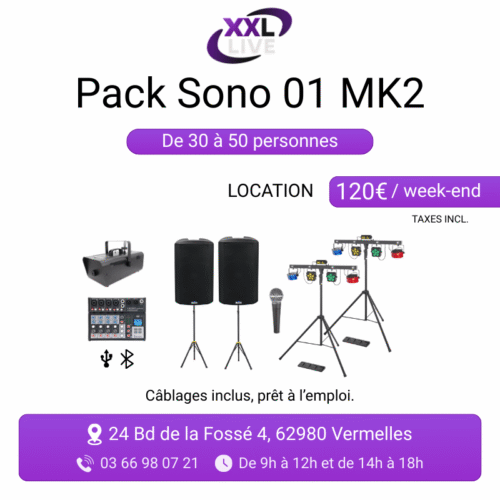 Pack sono MK2 à louer pour 30 à 50 personnes - 2 enceintes Alto TX410, table de mixage, micro, 2 jeux de lumière et machine à fumée - XXL Live