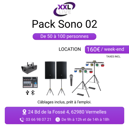 Pack sono à louer pour 50 à 100 personnes - 2 enceintes Myos 15, table de mixage Bluetooth, micro, 2 jeux de lumière et machine à fumée - XXL Live