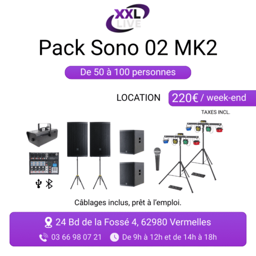 Pack sono MK2 à louer pour 50 à 100 personnes - 2 enceintes Myos 15, 2 caissons de basse Myos Sub, table de mixage, micro, 2 jeux de lumière et machine à fumée - XXL Live