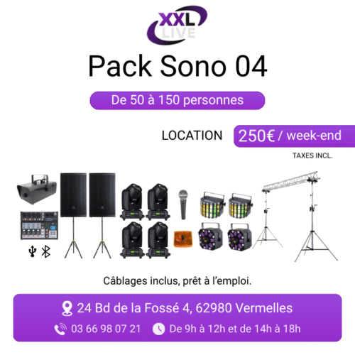 Pack sono à louer pour 50 à 150 personnes - pack sonorisation et jeux de lumières professionnels avec structure d'éclairage - XXL Live