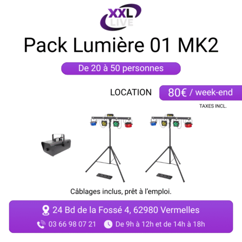 Pack lumière MK2 à louer pour 20 à 50 personnes - 2 party bars LED multi-effets sur pieds et machine à fumée - XXL Live