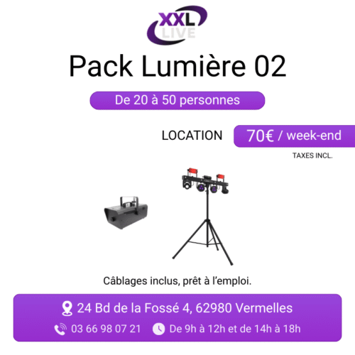 Pack lumière à louer pour 20 à 50 personnes - party bar avec effets laser et LED sur pied et machine à fumée - XXL Live