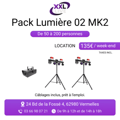 Pack lumière MK2 à louer pour 50 à 200 personnes - 2 party bars avec effets laser et LED sur pieds et machine à fumée - XXL Live