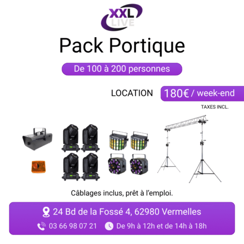 Pack portique lumière à louer pour 100 à 200 personnes - lyres motorisées, effets LED derby et moon flower, structure truss et machine à fumée - XXL Live