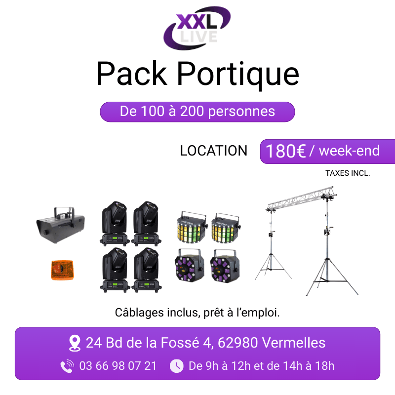 Pack portique lumière à louer pour 100 à 200 personnes - lyres motorisées, effets LED derby et moon flower, structure truss et machine à fumée - XXL Live