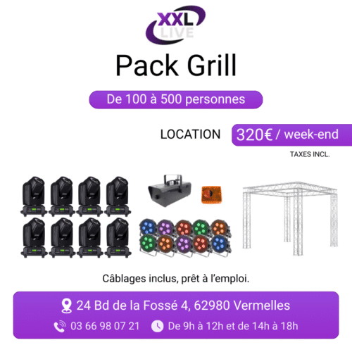 Pack grill à louer pour 100 à 500 personnes - structure grill 6x6x3m, 8 lyres motorisées, 6 PAR LED et machine à fumée - XXL Live