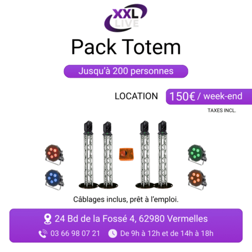 Pack totem lumière à louer jusqu'à 200 personnes - 4 totems truss avec lyres motorisées, 4 PAR LED au sol pilotés Sunlite - XXL Live