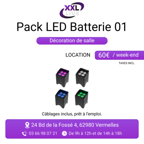 Pack LED batterie à louer décoration de salle - 4 projecteurs PAR LED sans fil sur batterie RGB - XXL Live