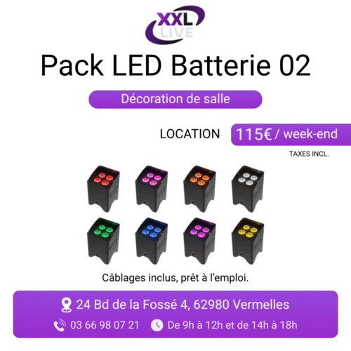 Pack LED batterie 02 à louer décoration de salle - 8 projecteurs PAR LED sans fil sur batterie RGB - XXL Live