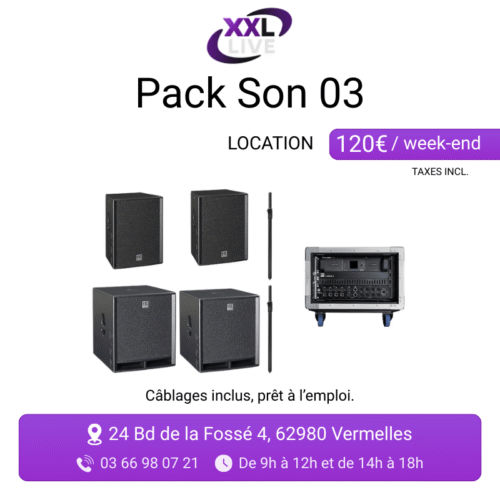 Pack son passif à louer - 2 enceintes HK Audio sur pieds perche, 2 caissons de basse HK Audio et rack d'amplification flight case - XXL Live