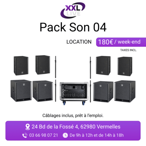 Pack son passif à louer - 4 enceintes HK Audio sur pieds perche, 4 caissons de basse HK Audio et rack d'amplification flight case - XXL Live