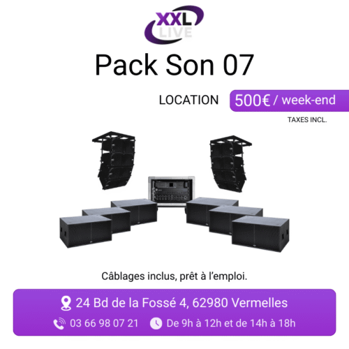 Pack son line array suspendu à louer - 8 enceintes DVA K5 en accroche sur bumpers, 6 caissons de basse RS 218 et rack d'amplification flight case - XXL Live