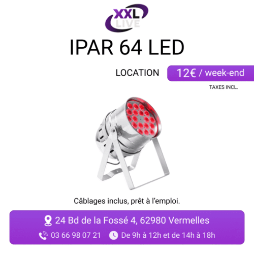 Location projecteur PAR 64 LED argenté 18 LEDs RGB - éclairage scénique puissant pour événements - XXL Live