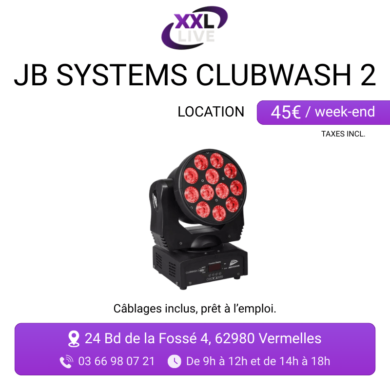 Location lyre wash motorisée JB Systems Clubwash 2 - 12 LEDs RGBW tête mobile pour éclairage scénique - XXL Live