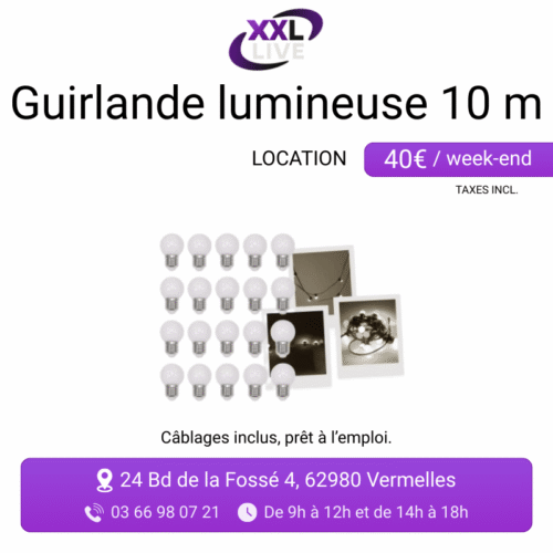 Location guirlande lumineuse 10 mètres ampoules blanc chaud - décoration lumineuse pour mariages et événements - XXL Live