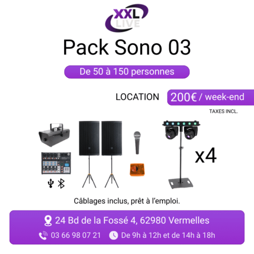 Pack sono à louer pour 50 à 150 personnes - 2 enceintes Myos 15, table de mixage, micro, 4 lyres double tête sur pieds Gravity pilotées Sunlite et machine à fumée - XXL Live