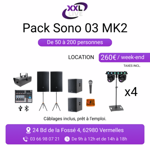 Pack sono MK2 à louer pour 50 à 200 personnes - 2 enceintes Myos 15, 2 caissons de basse Myos Sub, table de mixage, micro, 4 lyres double tête sur pieds Gravity pilotées Sunlite et machine à fumée - XXL Live